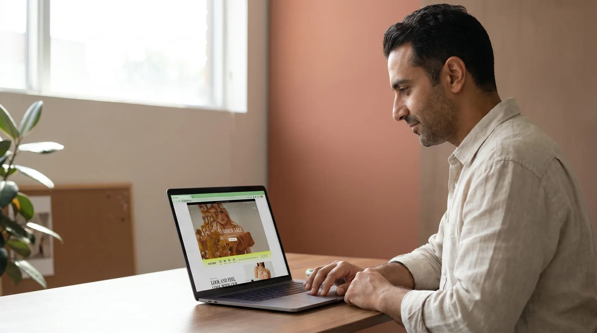 Fashion brand founder reviewing new Shopify store design on laptop in creative studio Fashion brand founder reviewing new Shopify store design on laptop in creative studio