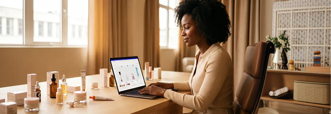 Beauty brand founder reviewing her new custom Shopify store on a laptop in a bright studio surrounded by product flatlay Beauty brand founder reviewing her new custom Shopify store on a laptop in a bright studio surrounded by product flatlay