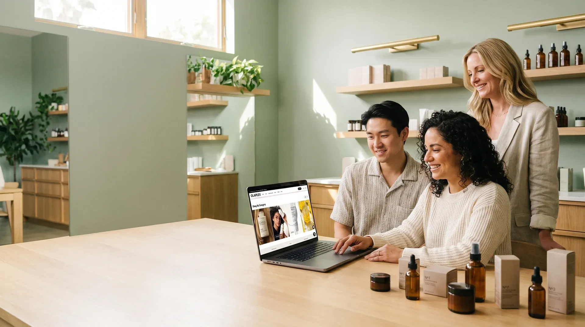 Beauty brand team celebrating their new custom Shopify store launch day, surrounded by product packaging in a bright studio Beauty brand team celebrating their new custom Shopify store launch day, surrounded by product packaging in a bright studio
