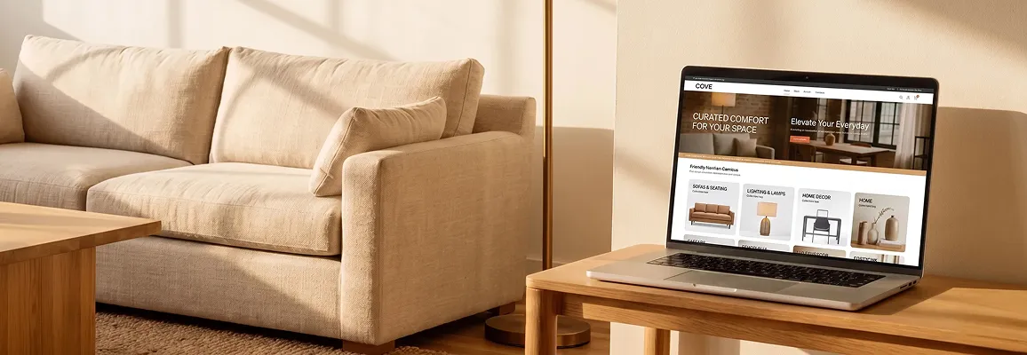Beautifully designed furniture showroom with natural light, artisan sofa and coffee table in a conversion-optimized room scene Beautifully designed furniture showroom with natural light, artisan sofa and coffee table in a conversion-optimized room scene