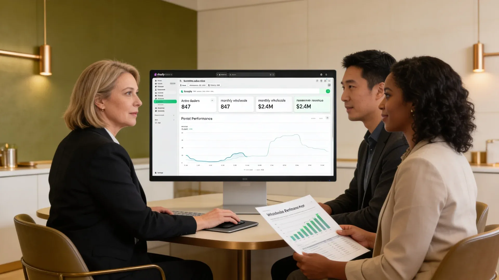 Manufacturing leadership team reviewing Shopify B2B wholesale portal performance and dealer account metrics on dashboard screens Manufacturing leadership team reviewing Shopify B2B wholesale portal performance and dealer account metrics on dashboard screens