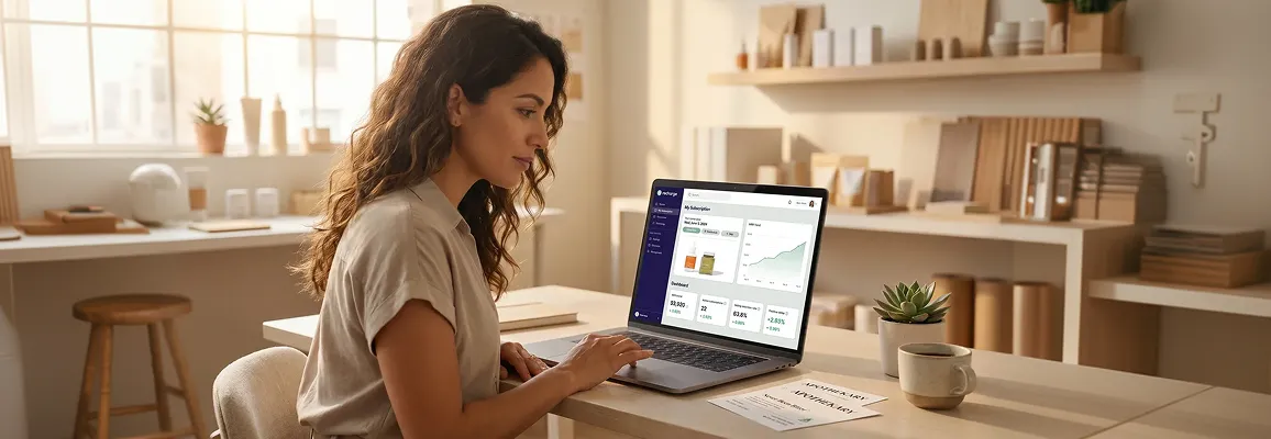 Subscription brand founder reviewing her Recharge subscriber portal and Klaviyo retention dashboard on a laptop in a bright studio Subscription brand founder reviewing her Recharge subscriber portal and Klaviyo retention dashboard on a laptop in a bright studio