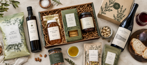 Artisan food brand products arranged for subscription packaging and custom label design Artisan food brand products arranged for subscription packaging and custom label design