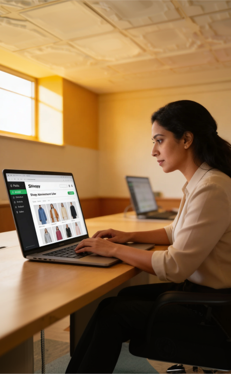 Shopify merchant reviewing an industry-specific storefront on desktop Shopify merchant reviewing an industry-specific storefront on desktop