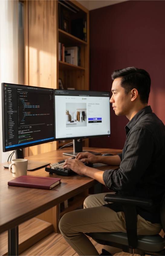 Shopify admin open on a developer screen with a custom Liquid section being edited beside a live storefront preview Shopify admin open on a developer screen with a custom Liquid section being edited beside a live storefront preview