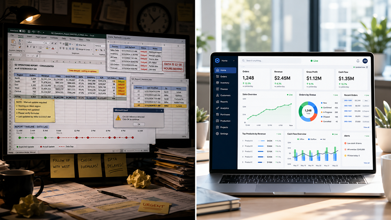 a side-by-side comparison of a delayed spreadsheet report versus a live, real-time ERP dashboard a side-by-side comparison of a delayed spreadsheet report versus a live, real-time ERP dashboard