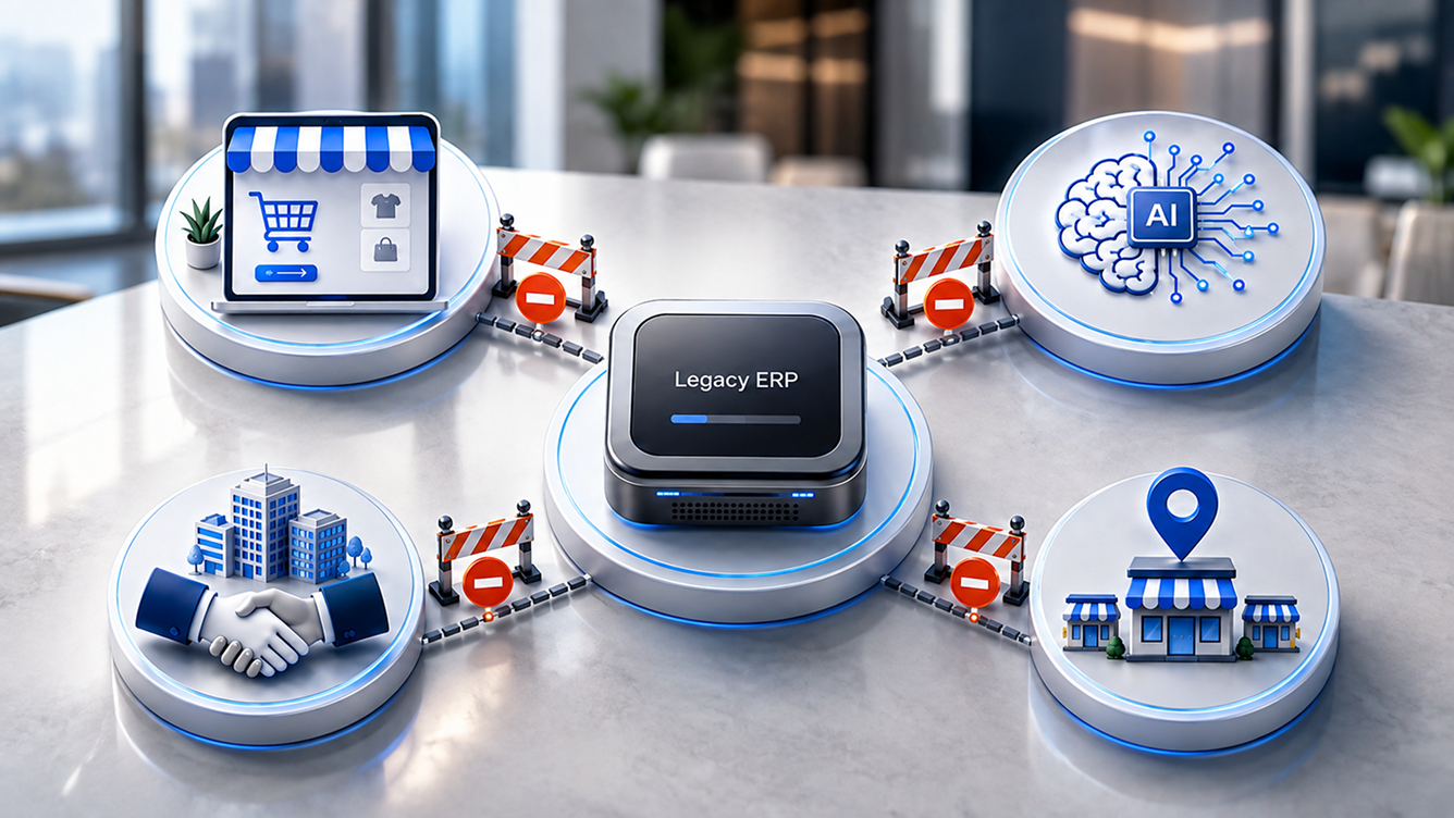 growth initiatives such as ecommerce, AI, acquisitions, and new locations shown blocked by a legacy ERP at the center growth initiatives such as ecommerce, AI, acquisitions, and new locations shown blocked by a legacy ERP at the center