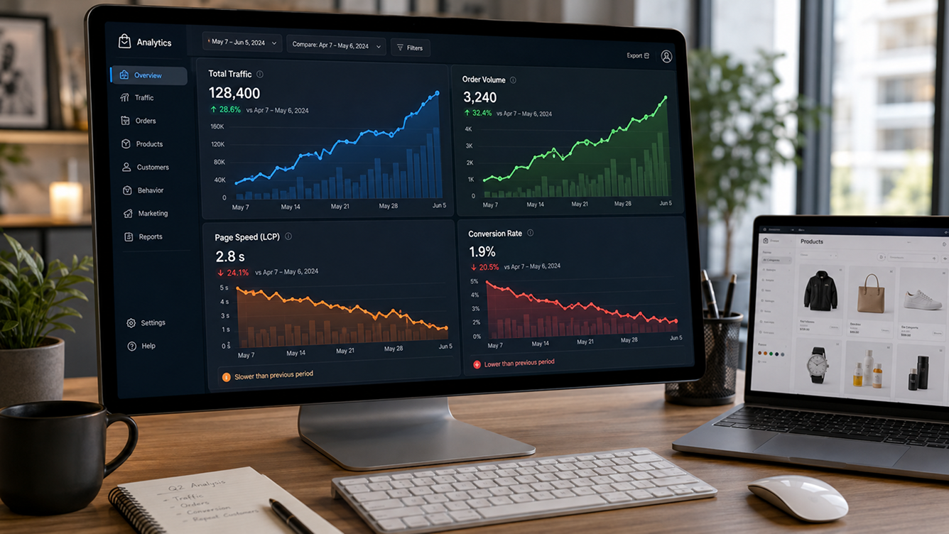 a dashboard showing traffic and order volume rising while page speed and conversion rate trend downward a dashboard showing traffic and order volume rising while page speed and conversion rate trend downward