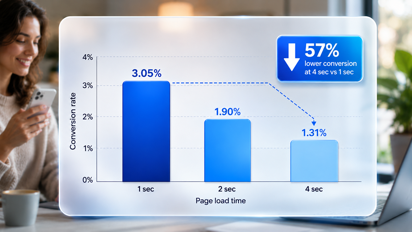 a bar chart comparing ecommerce conversion rate at 1 second, 2 seconds, and 4 seconds of page load time a bar chart comparing ecommerce conversion rate at 1 second, 2 seconds, and 4 seconds of page load time
