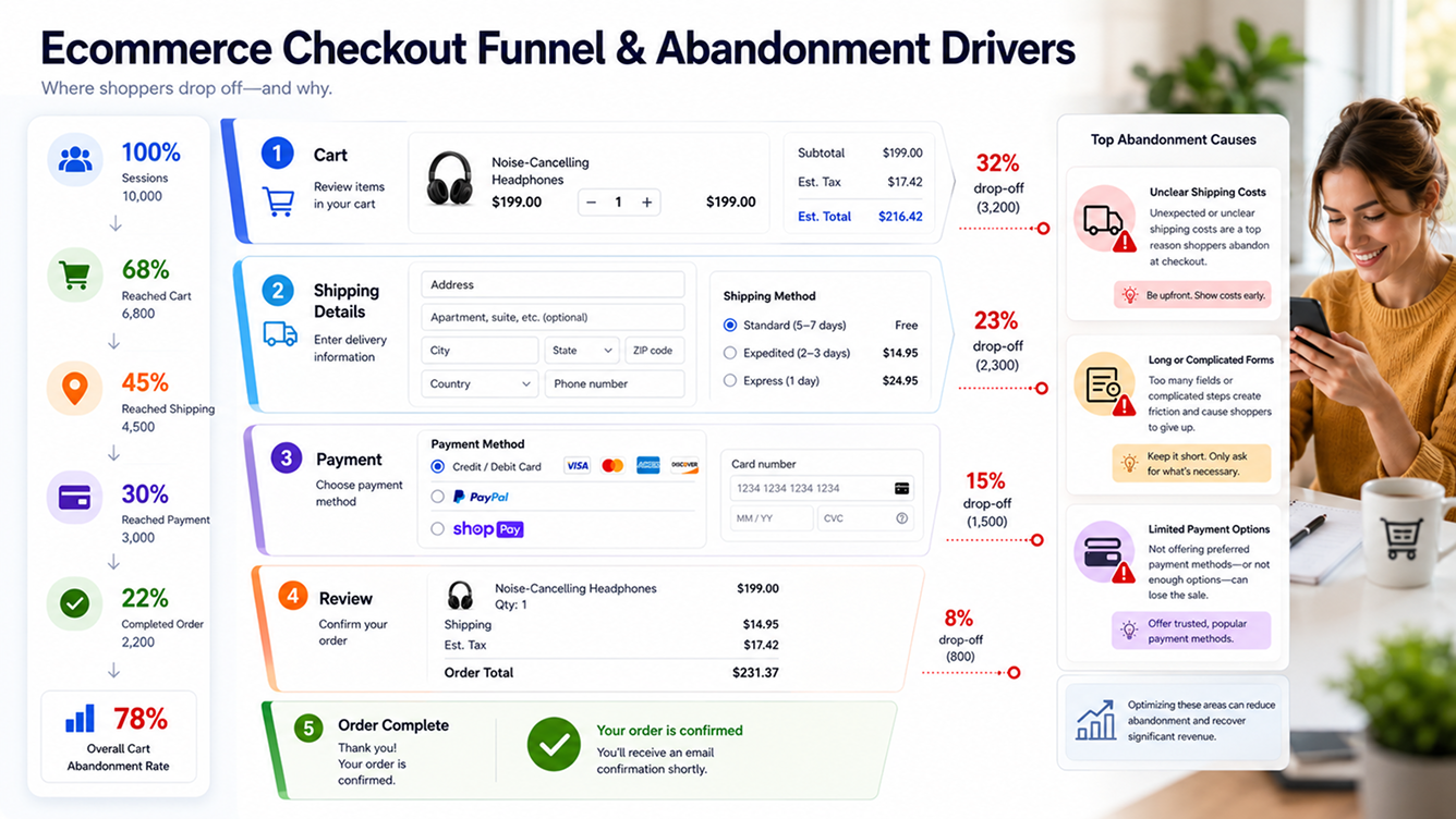 a checkout funnel diagram showing drop-off points caused by limited payment options, long forms, and unclear shipping costs a checkout funnel diagram showing drop-off points caused by limited payment options, long forms, and unclear shipping costs