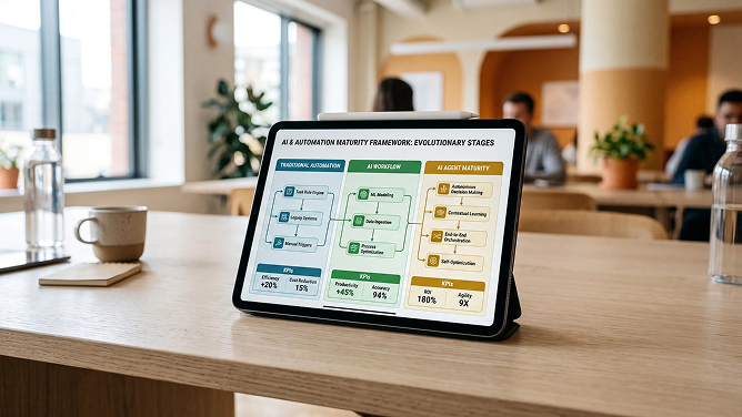Diagram comparing traditional automation, AI-powered workflow, and AI agent maturity levels Diagram comparing traditional automation, AI-powered workflow, and AI agent maturity levels