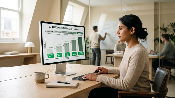 AI automation maturity model showing five stages from individual AI assistance to connected AI operations AI automation maturity model showing five stages from individual AI assistance to connected AI operations