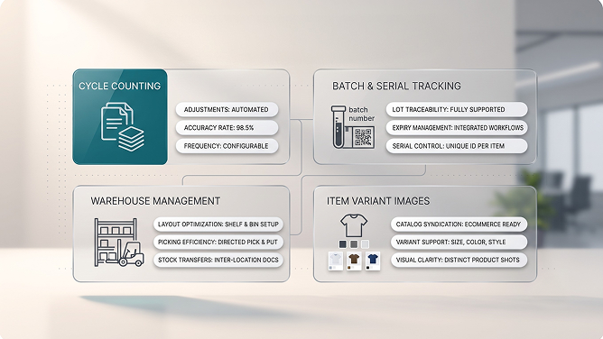 A visual showing the core inventory capabilities: cycle counting, batch and serial tracking, warehouse management, and item variant images A visual showing the core inventory capabilities: cycle counting, batch and serial tracking, warehouse management, and item variant images