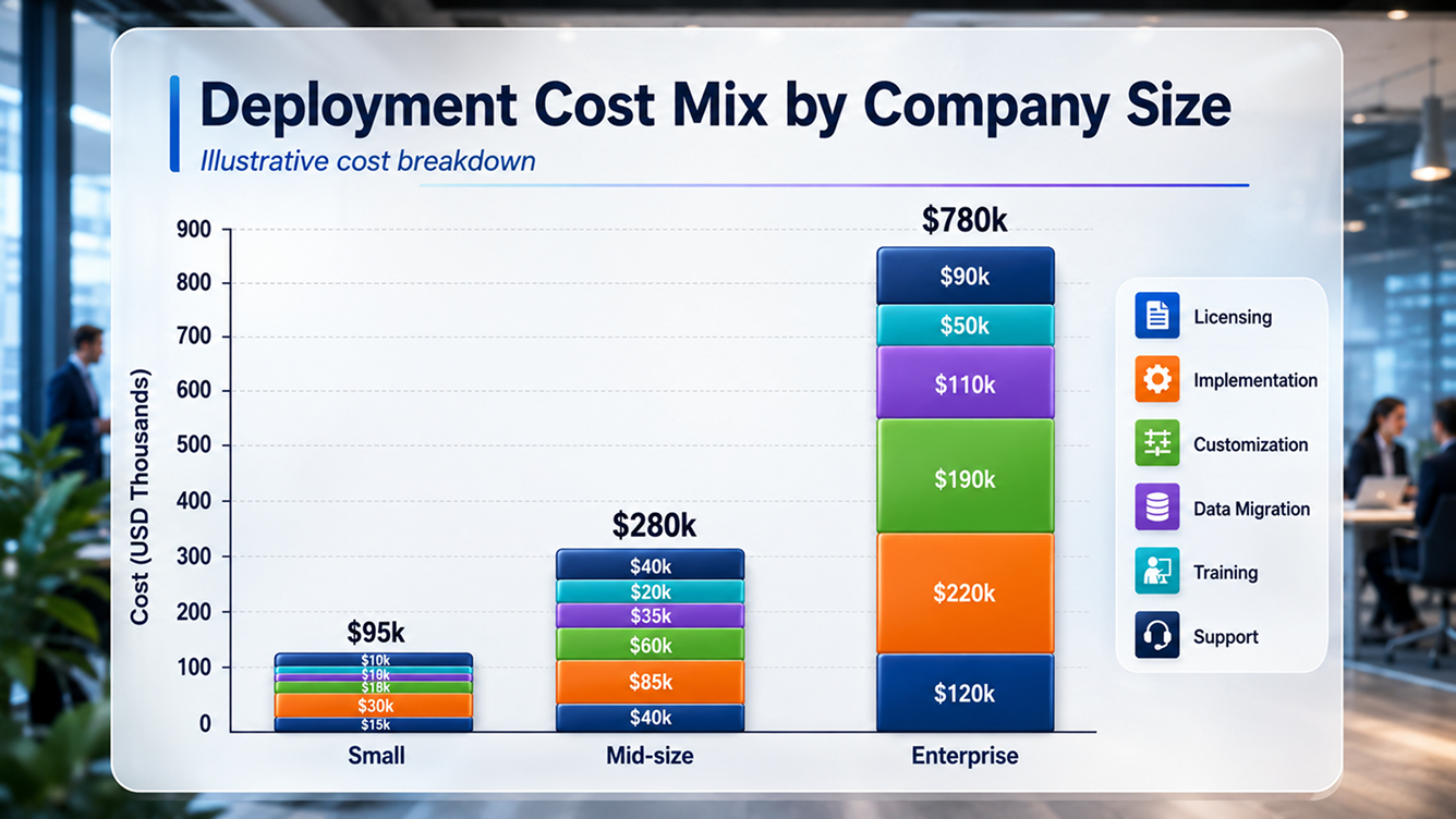 a stacked bar chart showing the six cost layers, licensing, implementation, customization, data migration, training, and support, for a small, mid-size, and enterprise deployment side by side a stacked bar chart showing the six cost layers, licensing, implementation, customization, data migration, training, and support, for a small, mid-size, and enterprise deployment side by side