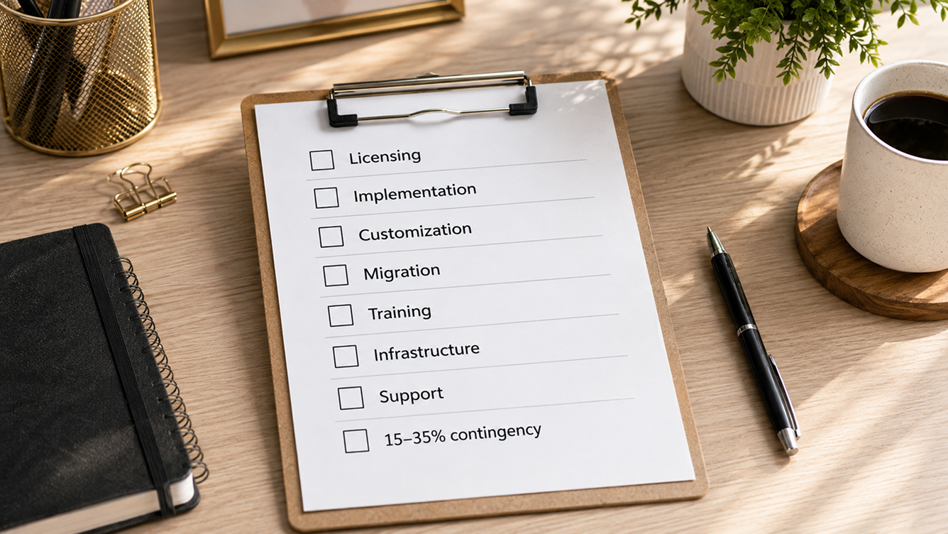 a simple budget checklist graphic listing licensing, implementation, customization, migration, training, infrastructure, support, and a 15 to 35 percent contingency line, each with a checkbox a simple budget checklist graphic listing licensing, implementation, customization, migration, training, infrastructure, support, and a 15 to 35 percent contingency line, each with a checkbox