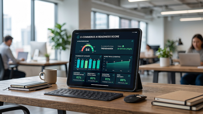 Gauge showing an ecommerce AI readiness score from 0 to 100 across four maturity levels Gauge showing an ecommerce AI readiness score from 0 to 100 across four maturity levels