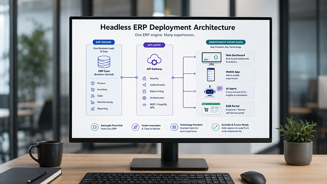 A diagram showing the ERP engine on the left connected through an API layer to multiple independent front ends on the right, including a dashboard, mobile app, AI agent, and B2B portal. A diagram showing the ERP engine on the left connected through an API layer to multiple independent front ends on the right, including a dashboard, mobile app, AI agent, and B2B portal.