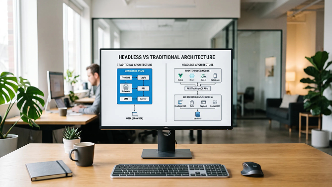 Headless vs traditional ecommerce architecture comparison showing integrated and API-based models Headless vs traditional ecommerce architecture comparison showing integrated and API-based models
