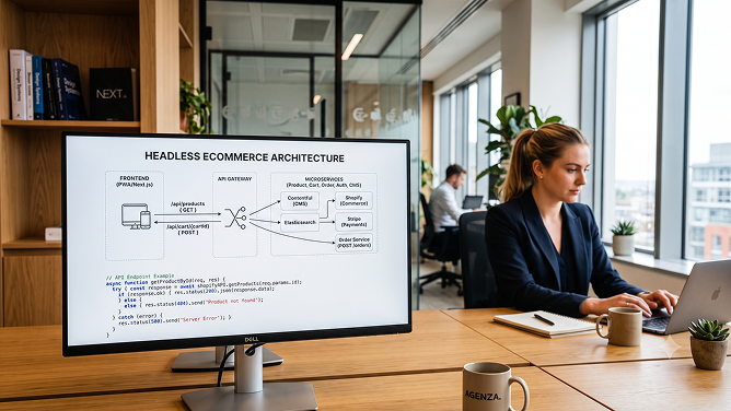 Headless ecommerce architecture connecting multiple customer interfaces to commerce services through APIs Headless ecommerce architecture connecting multiple customer interfaces to commerce services through APIs