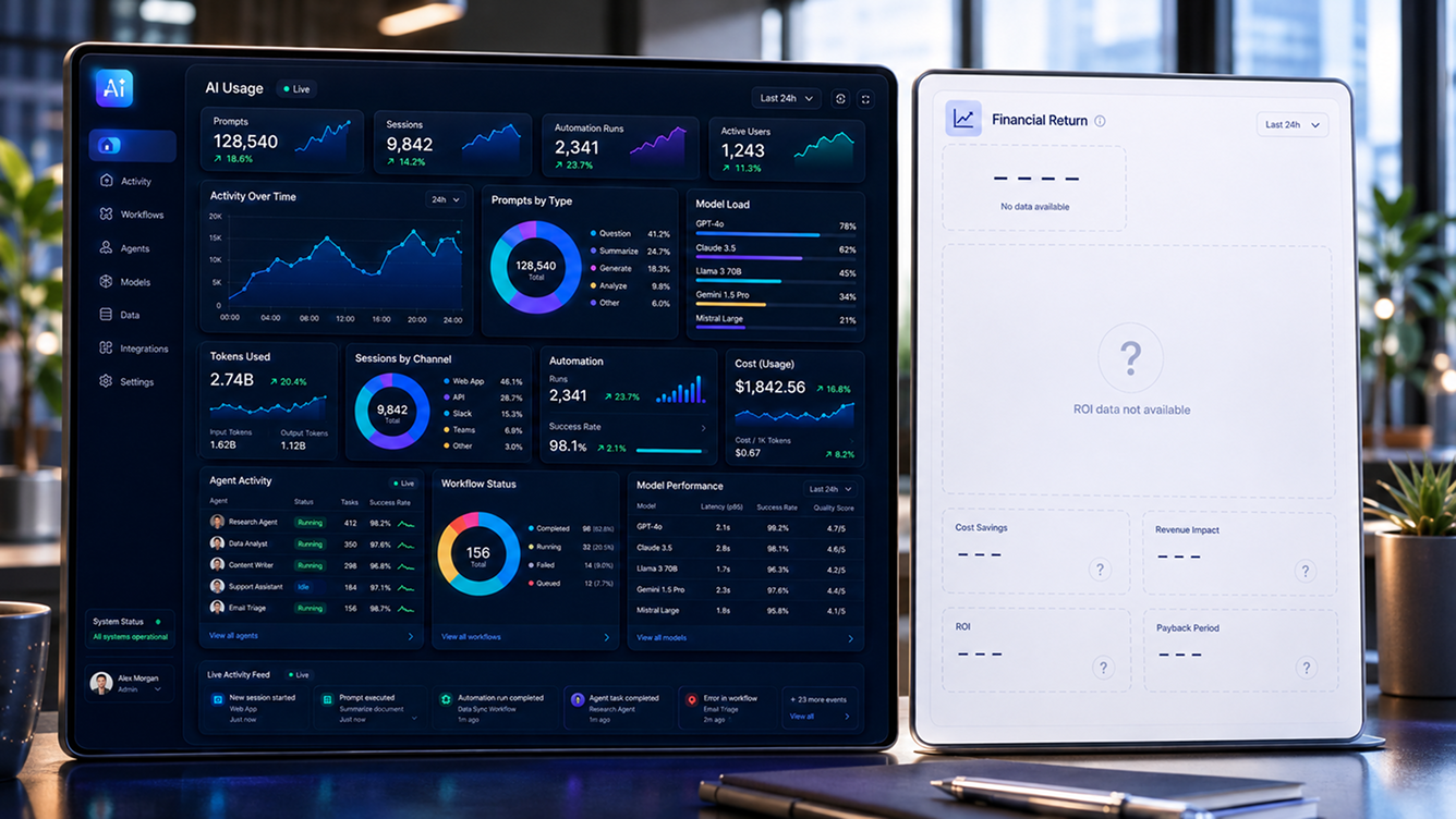 a busy AI usage dashboard next to a blank space where the ROI figure should be a busy AI usage dashboard next to a blank space where the ROI figure should be