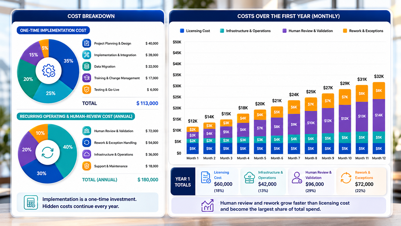a cost breakdown chart splitting one-time implementation cost from recurring operating and human-review cost a cost breakdown chart splitting one-time implementation cost from recurring operating and human-review cost