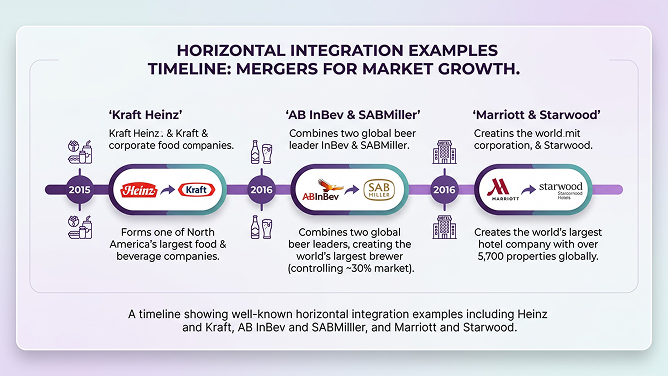 A visual showing two competitors at the same value-chain level combining into one larger company A visual showing two competitors at the same value-chain level combining into one larger company