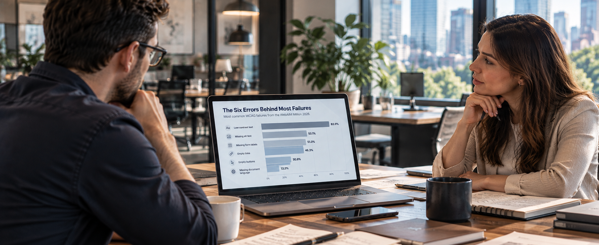 The Six Errors Behind Most Failures Bar chart of the six most common website accessibility errors in the WebAIM Million 2026 report
