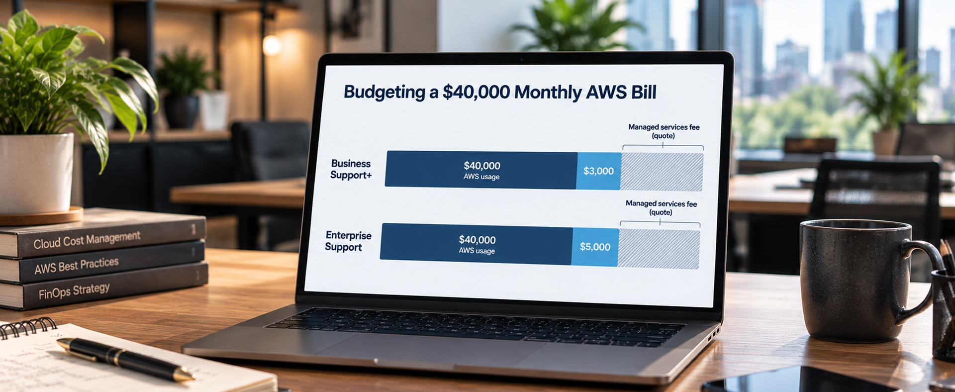 Budgeting a $40,000 Monthly AWS Bill Bar chart comparing AWS Business Support+ and Enterprise Support costs on a $40,000 monthly AWS bill