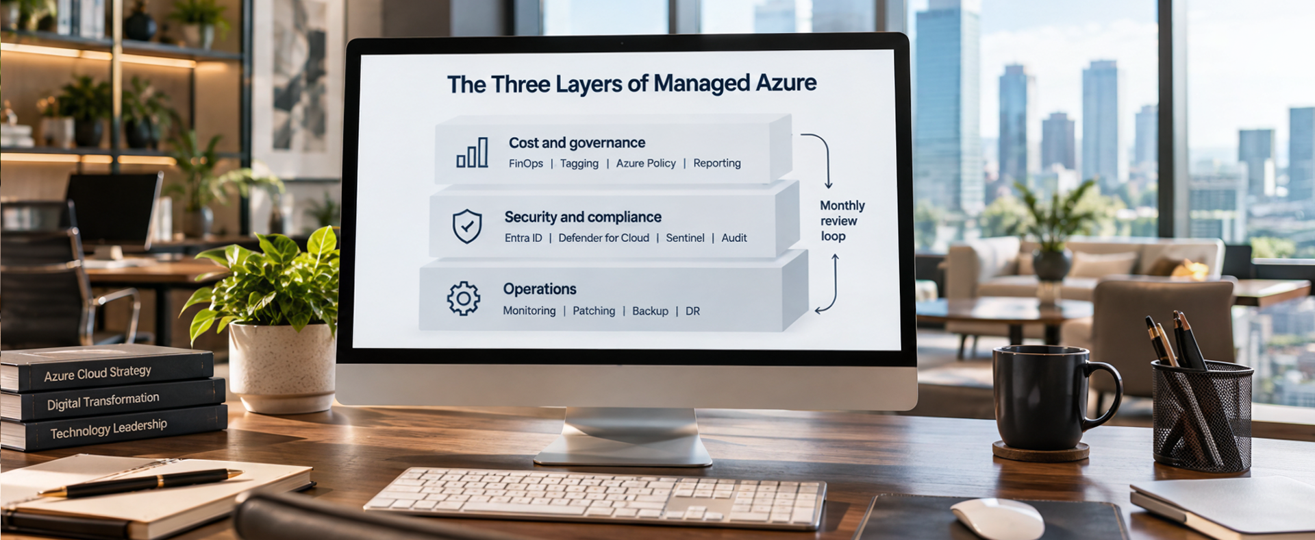 Three-layer diagram of what Azure managed services include: operations, security, and cost governance
