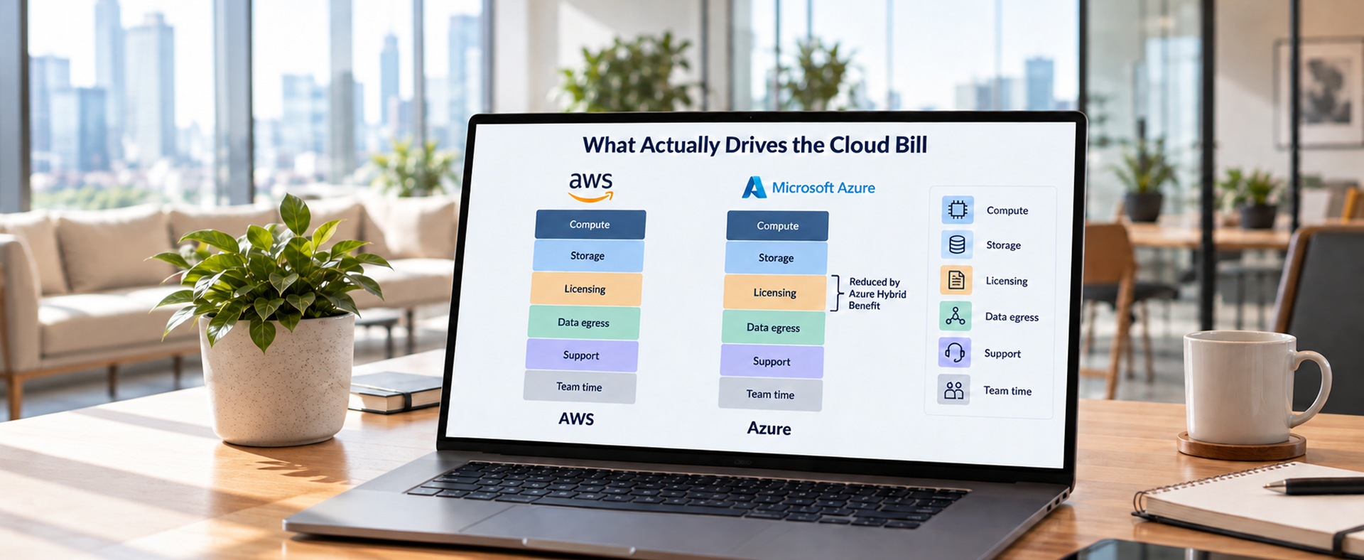 What Actually Drives the Cloud Bill Diagram comparing the cost components of an AWS and Azure cloud bill, including licensing and egress