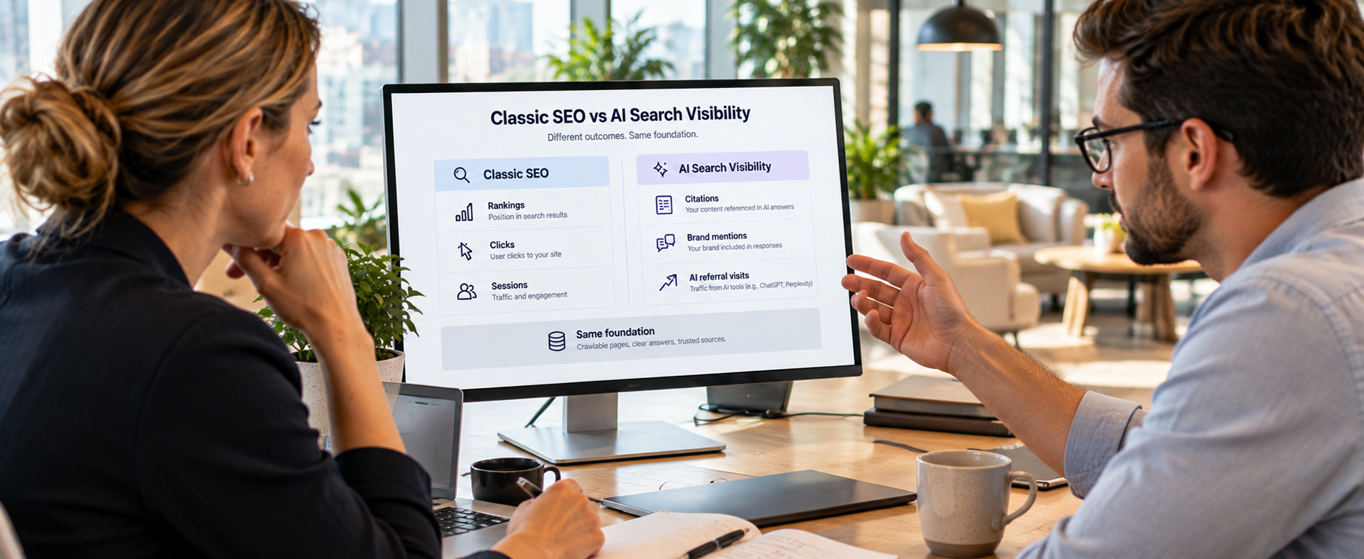 Comparison of classic SEO metrics and AI search visibility metrics built on the same foundation