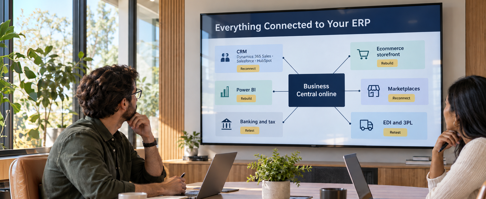 Everything Connected to Your ERP Hub-and-spoke diagram of CRM, ecommerce, EDI, and reporting integrations around Business Central