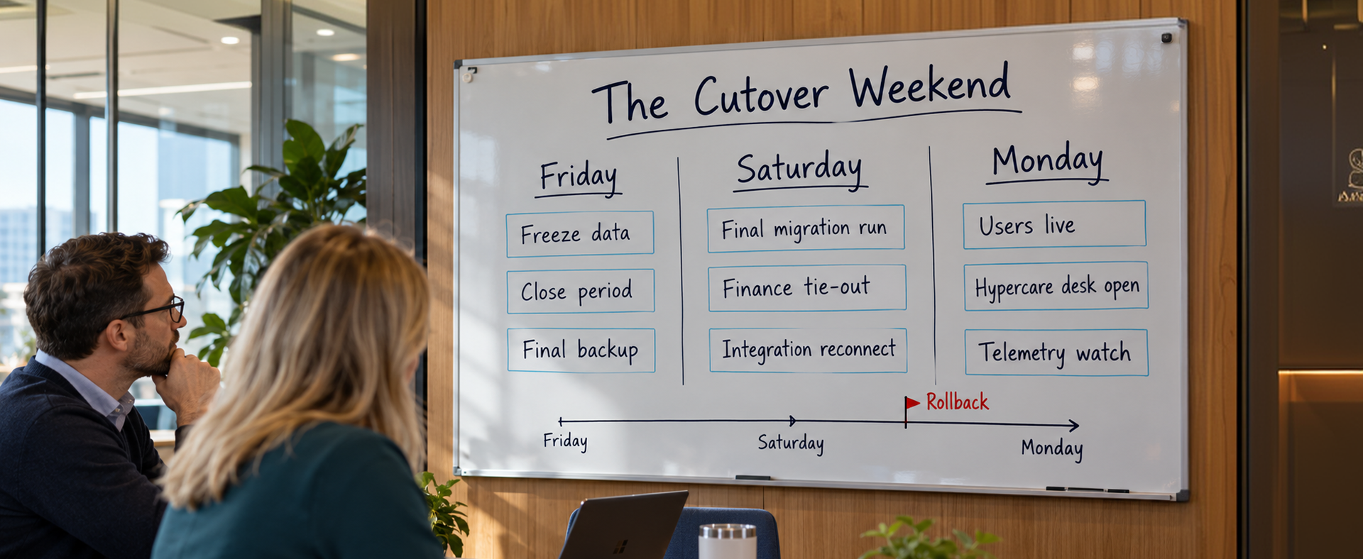 The Cutover Weekend Cutover weekend timeline for a Business Central go-live with a rollback checkpoint