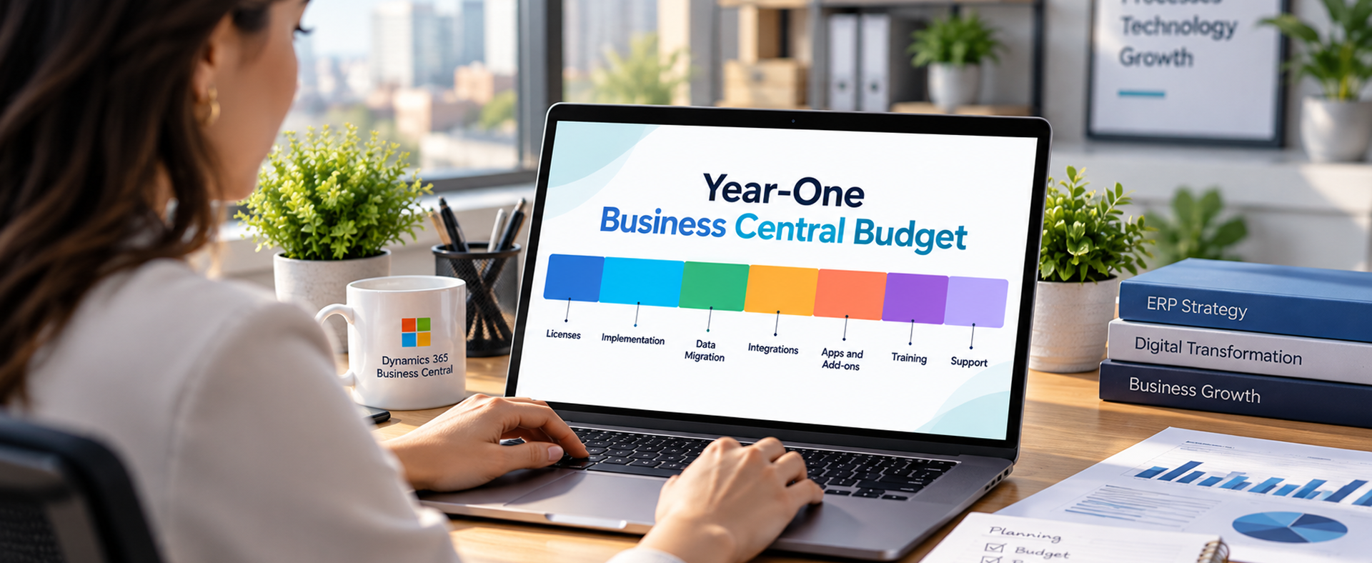 Year-One Business Central Budget Stacked bar showing how licenses, implementation, migration, integrations, and support split a year-one Business Central budget
