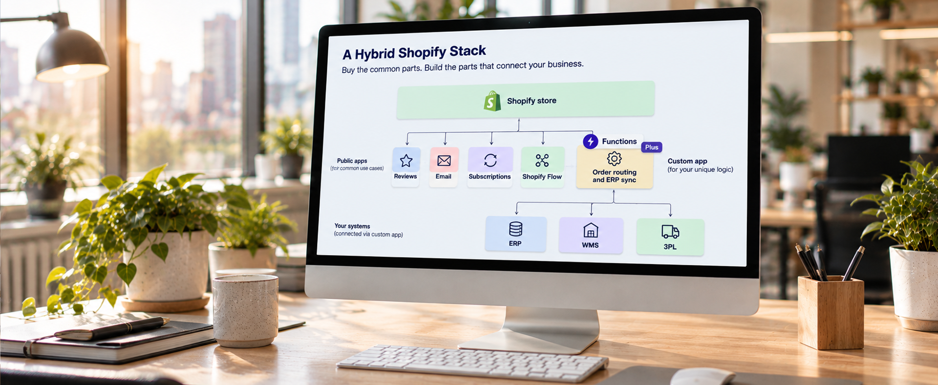 Diagram of a hybrid Shopify stack combining public apps, Shopify Flow, a custom app, and Shopify Functions