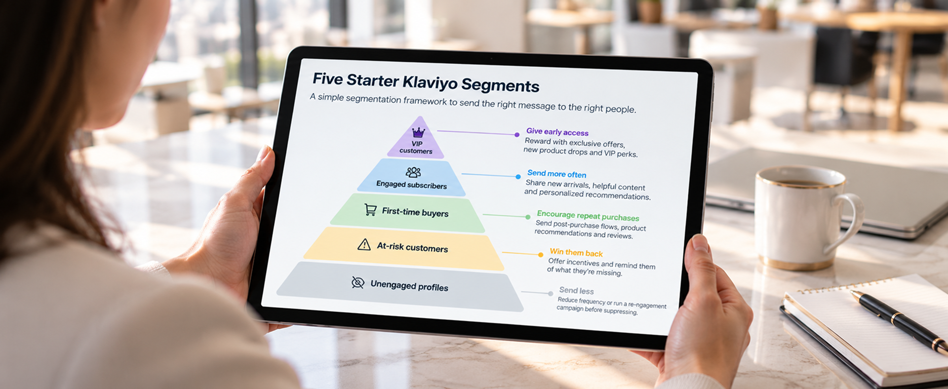 Five Starter Klaviyo Segments Pyramid diagram of five starter Klaviyo segments for ecommerce stores