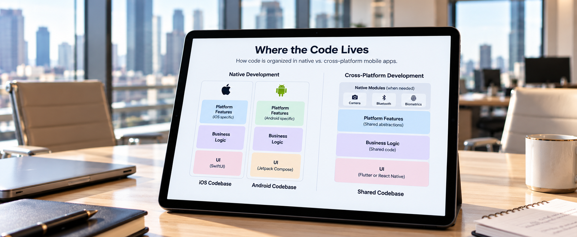 Where the Code Lives Diagram comparing shared code in a cross-platform app with separate code in native iOS and Android apps