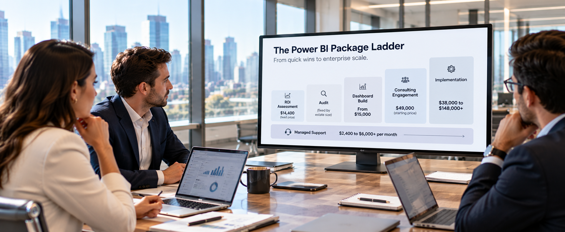 The Power BI Package Ladder Ladder diagram of Power BI consulting packages from assessment to enterprise implementation with starting prices