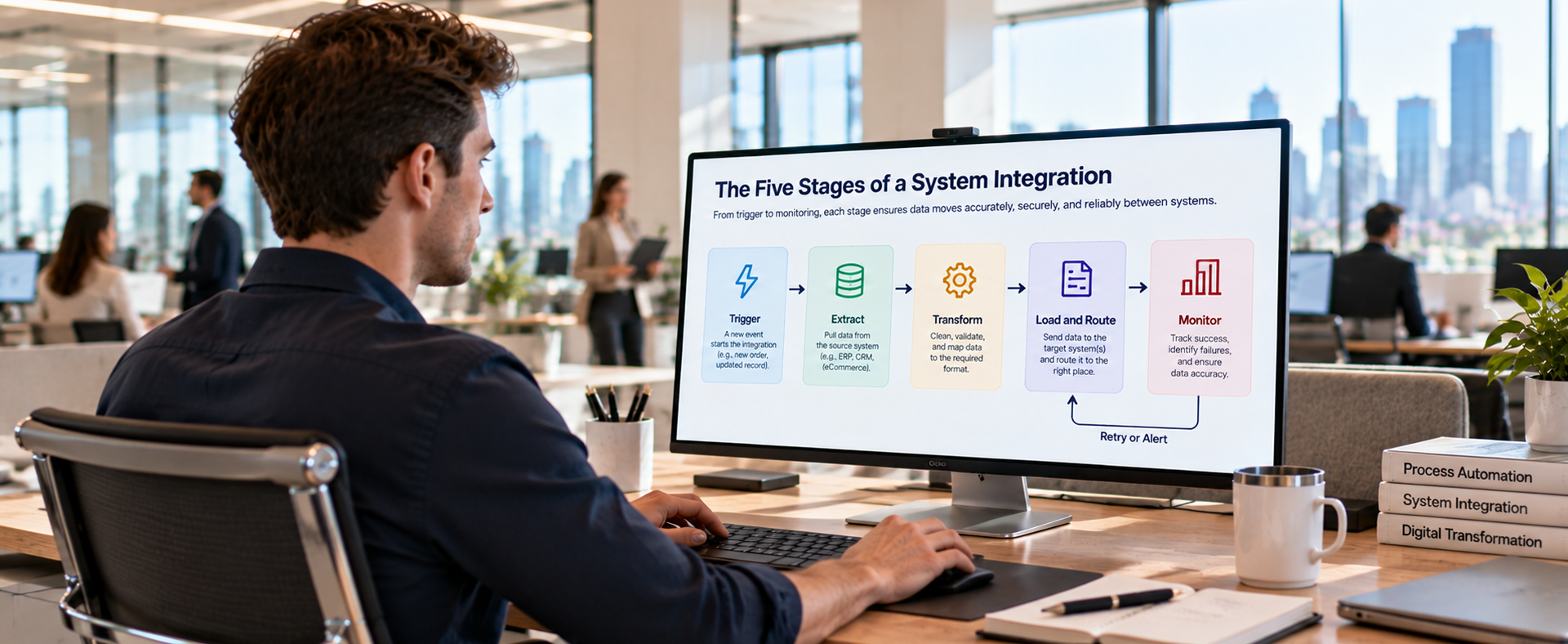 The Five Stages of a System Integration Five-stage system integration flow from trigger to monitoring