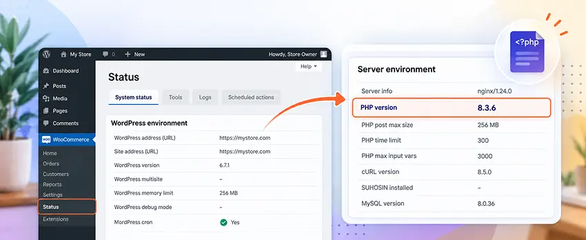 WooCommerce Status screen showing the PHP version in the Server environment section WooCommerce Status screen showing the PHP version in the Server environment section