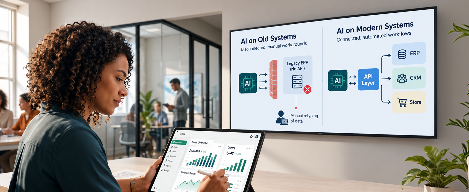AI on Old Systems vs Modern Systems Diagram showing AI automation blocked by a legacy system versus connected through an API layer