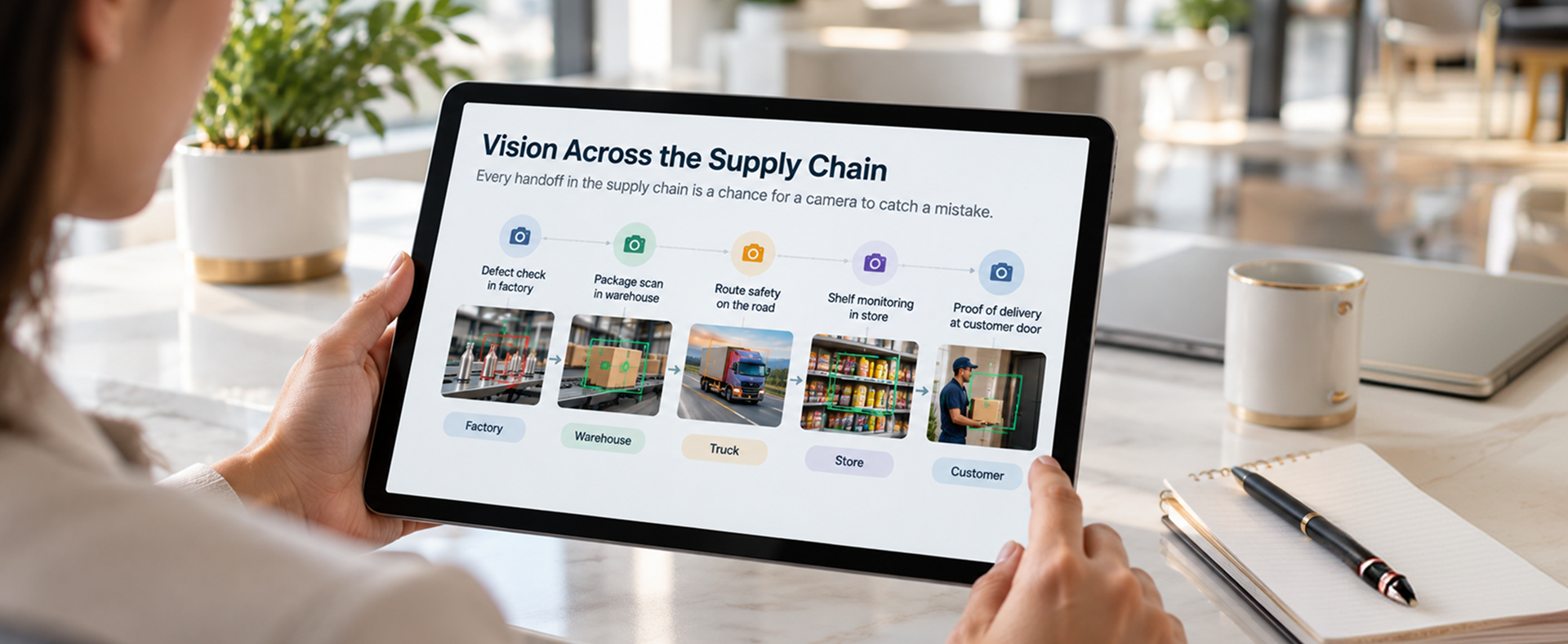 Vision Across the Supply Chain Computer vision use cases mapped across the supply chain from factory to customer
