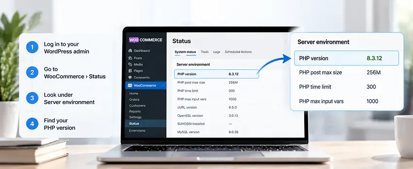 WooCommerce Status screen with the PHP version row highlighted in the Server environment section WooCommerce Status screen with the PHP version row highlighted in the Server environment section